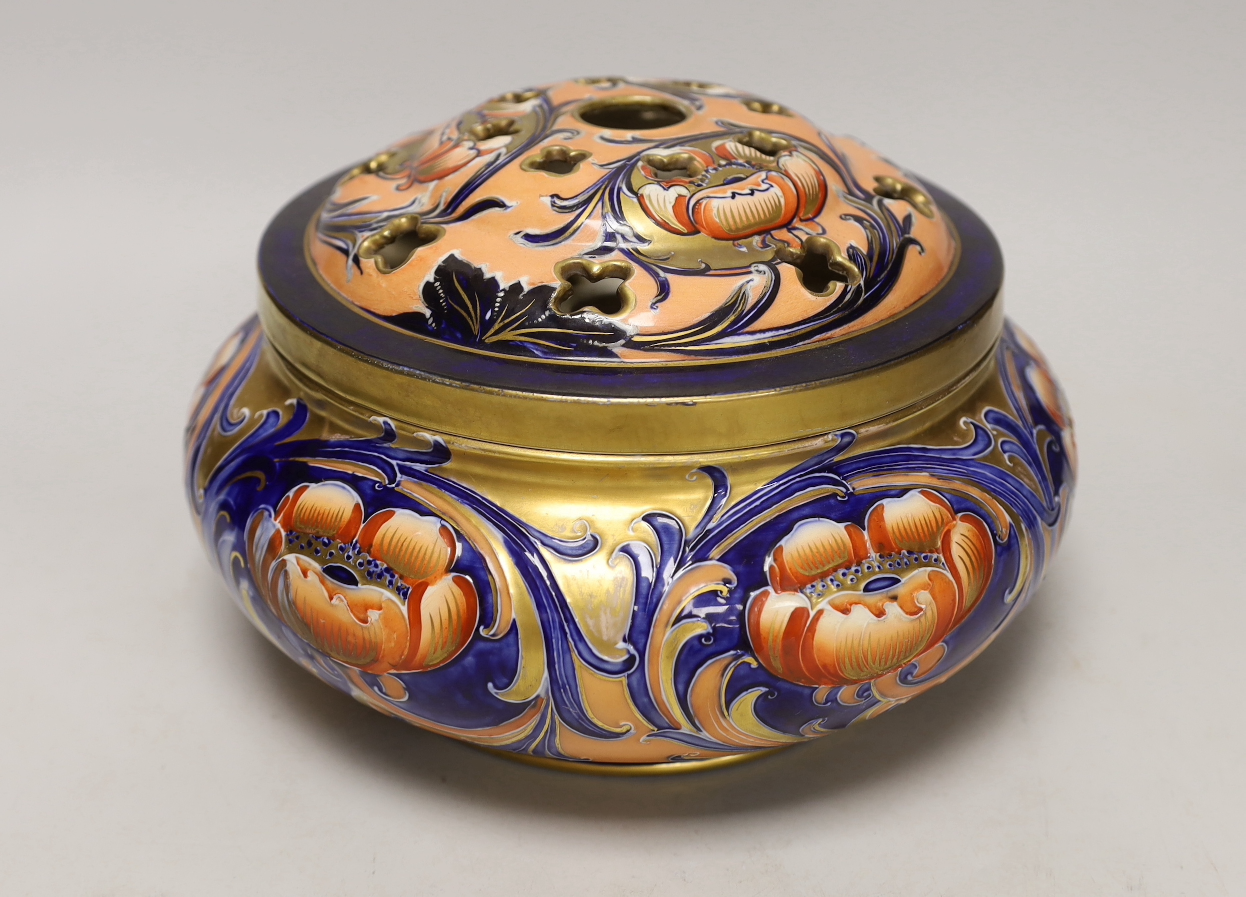 A large Macintyre Florian ware 'poppy' pot pourri bowl and cover, c.1904-1913, no Moorcroft signature, 24cm diameter